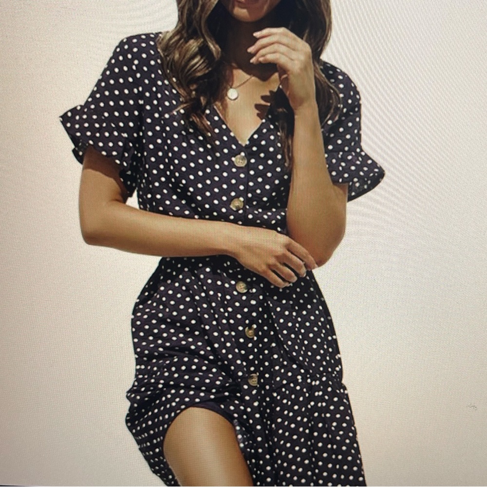 NWT Women’s Fashion Polka Dot Print V-Neck Ruffle Short Sleeve Dress